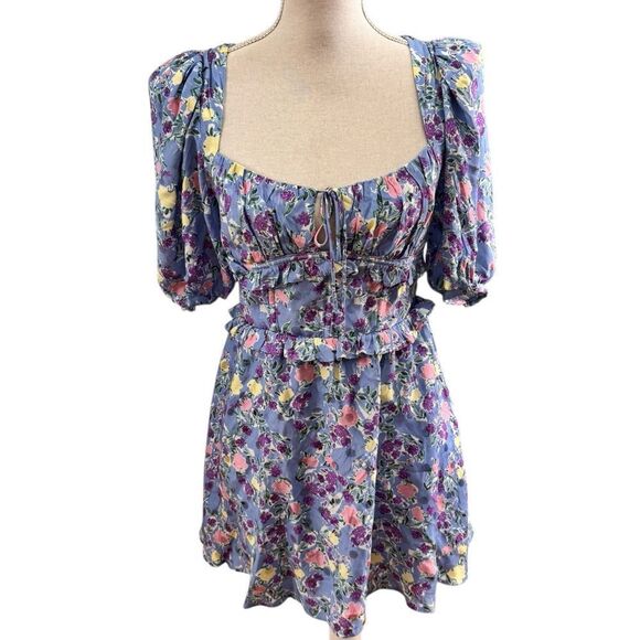 Love & Lemons Charlene Puff Sleeve Mini Dress in blue floral print - Picture 2 of 5